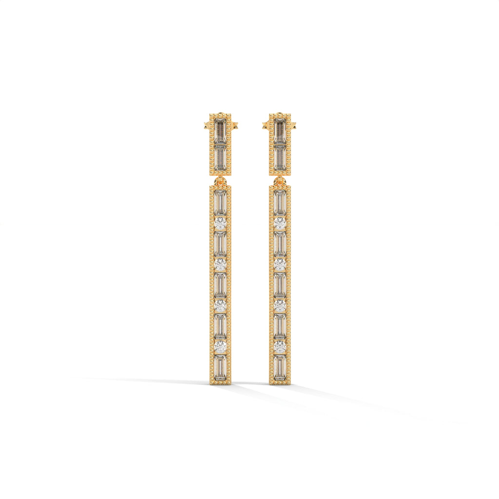 Baguette & Round Diamond Bar Drop Earrings