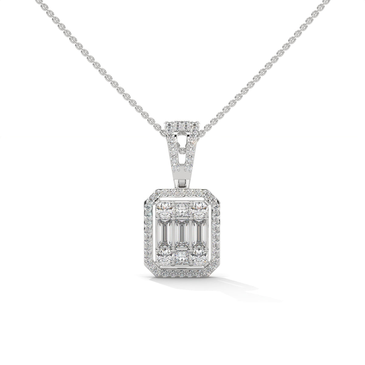 Baguette & Round Diamond Halo Pendant – view 1 of 8, lab grown diamond necklace | Jewelix Atelier