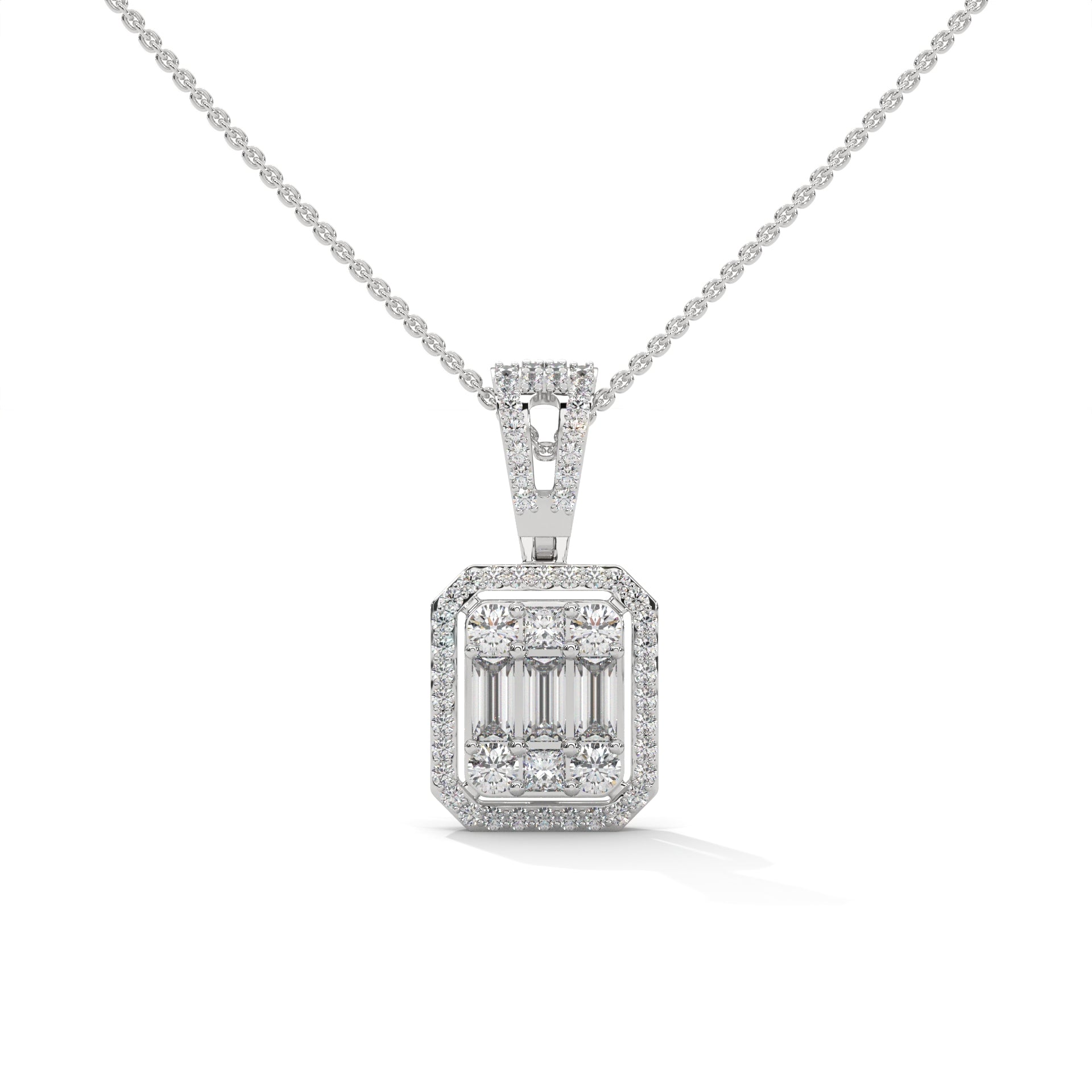Baguette & Round Diamond Halo Pendant