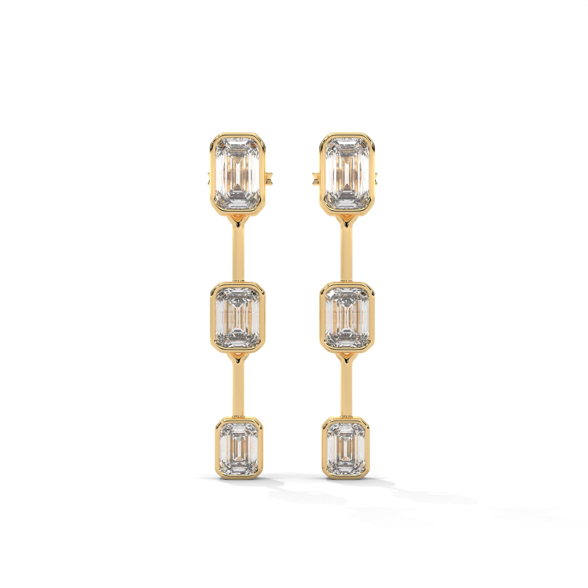 Emerald Cut Three Station Drop Diamond Earrings