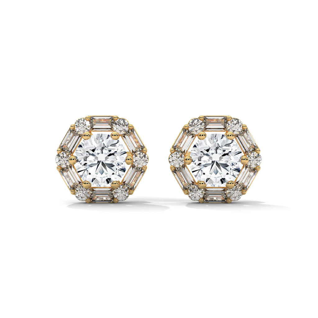 Round & Baguette Diamond Halo Stud Earrings
