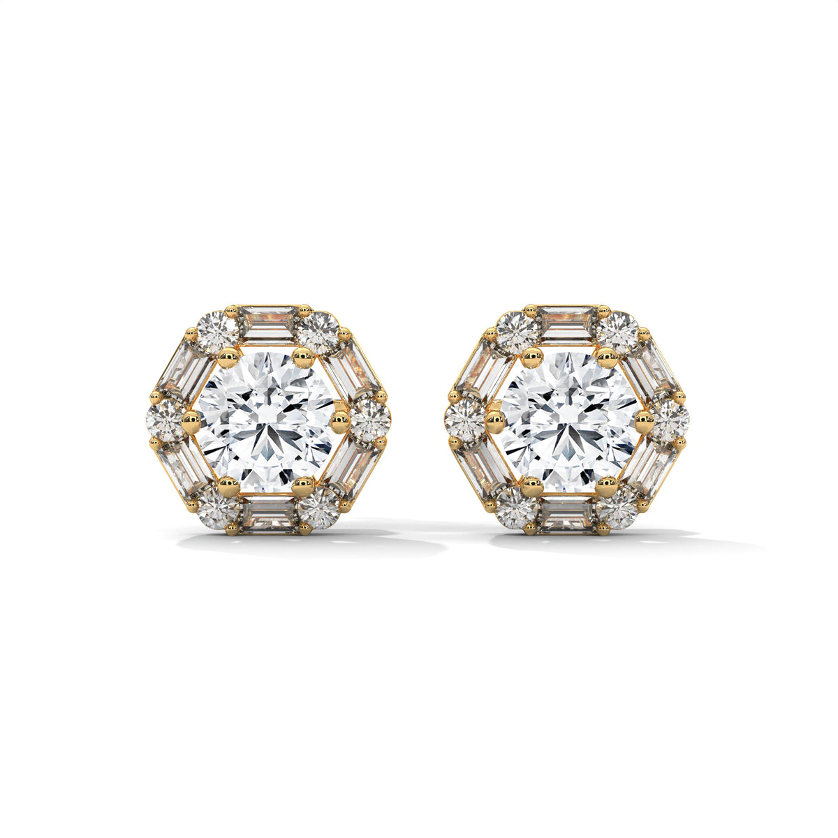 Round & Baguette Diamond Halo Stud Earrings, lifestyle view — Jewelix Atelier