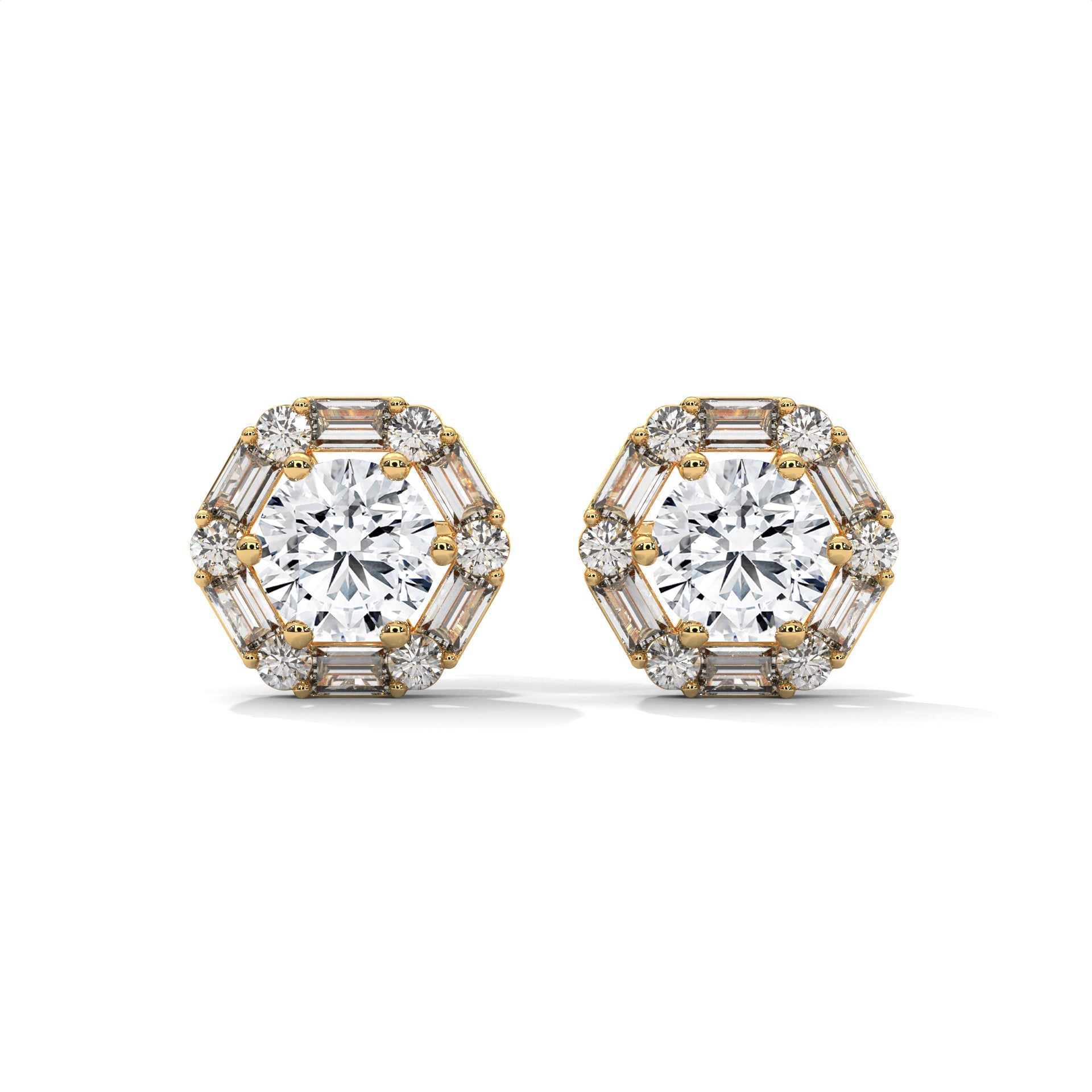 Round & Baguette Diamond Halo Stud Earrings
