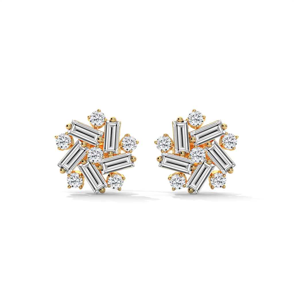 Baguette & Round Diamond Cluster Stud Earrings