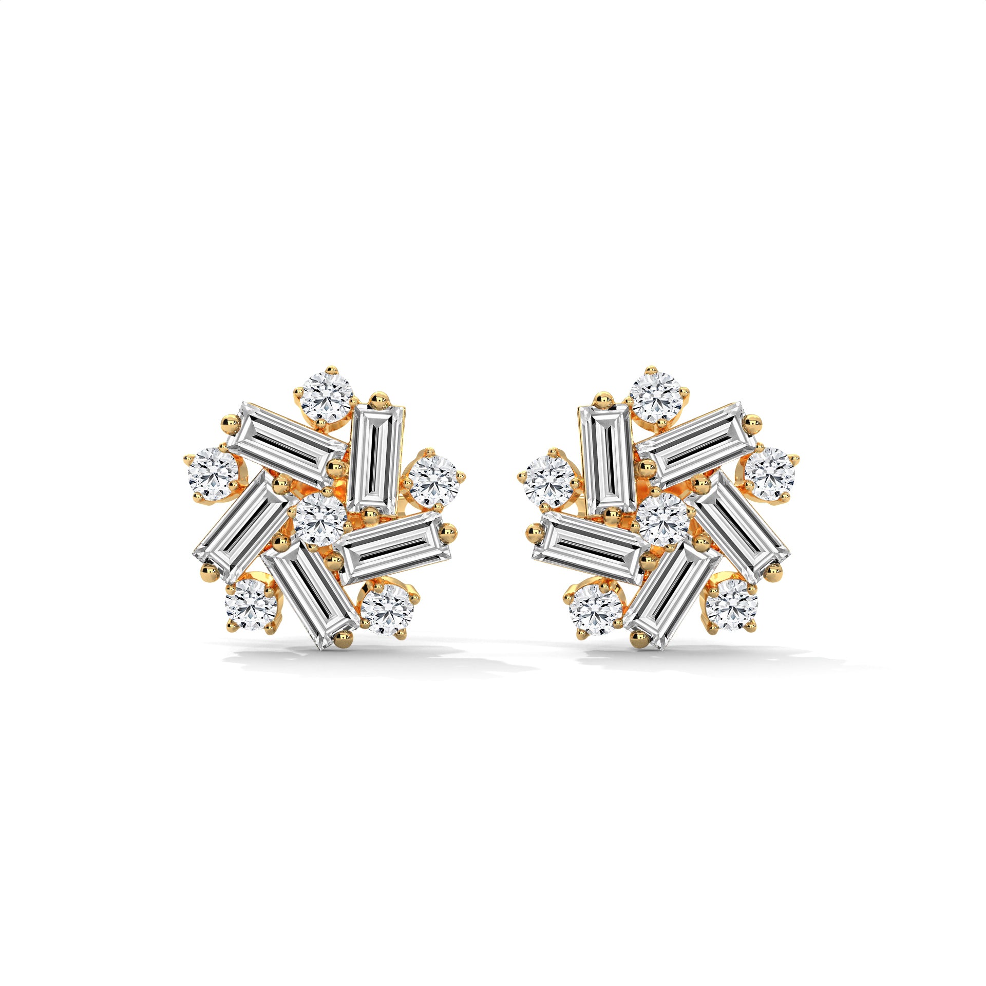 Baguette & Round Diamond Cluster Stud Earrings