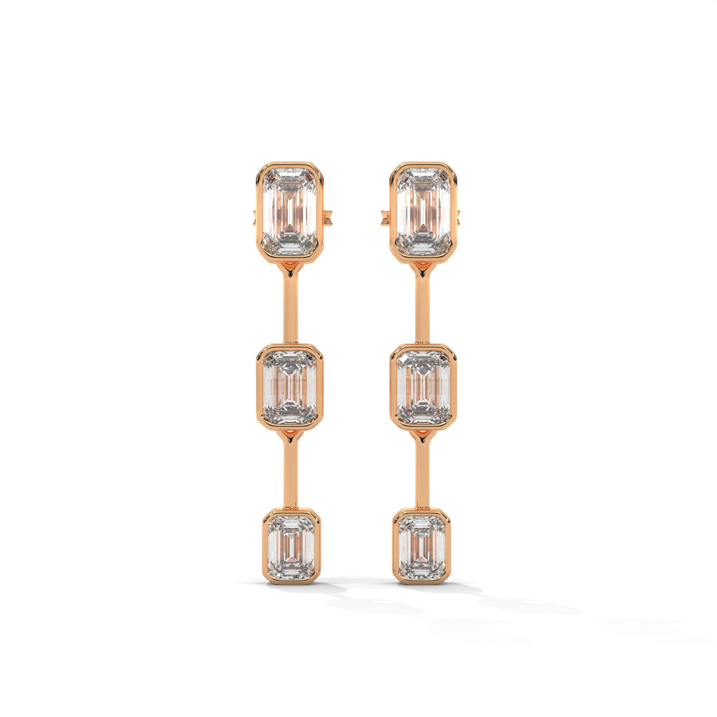 Emerald Cut Three Station Drop Diamond Earrings