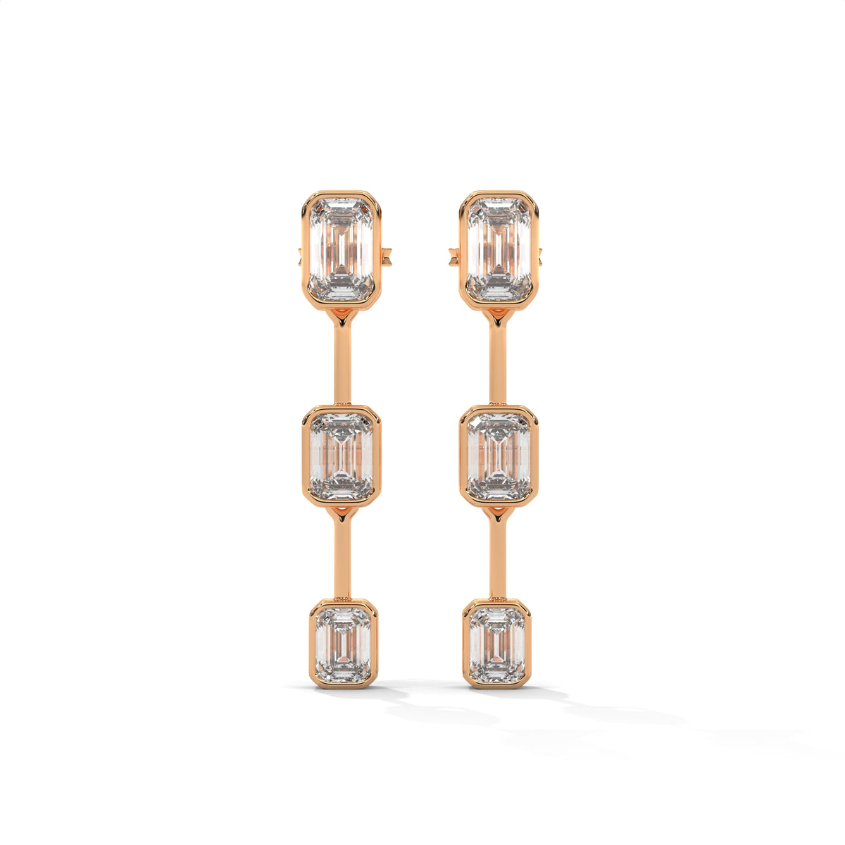 Emerald Cut Three Station Drop Diamond Earrings, product photo — Jewelix Atelier