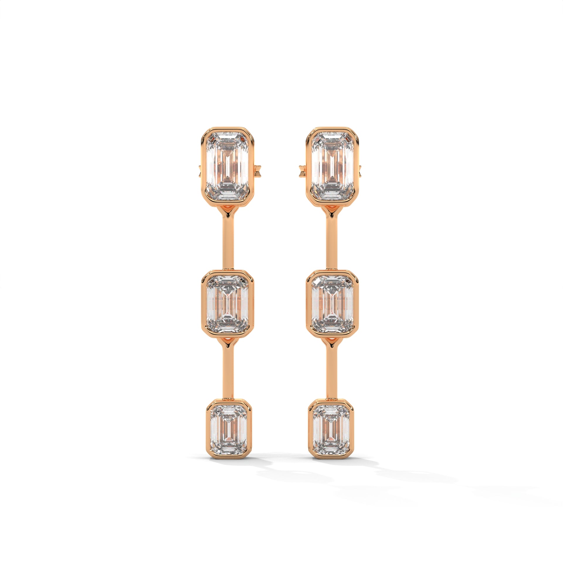 Emerald Cut Three Station Drop Diamond Earrings