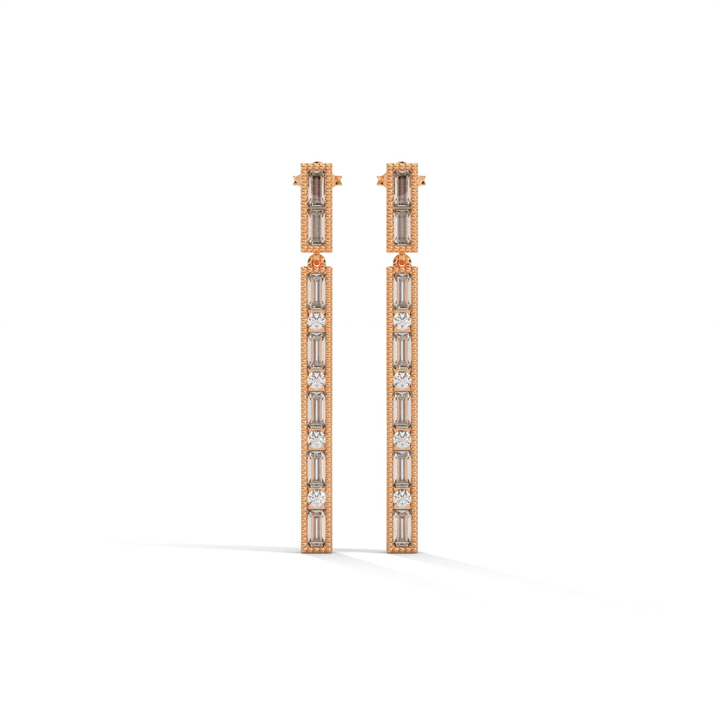 Baguette & Round Diamond Bar Drop Earrings