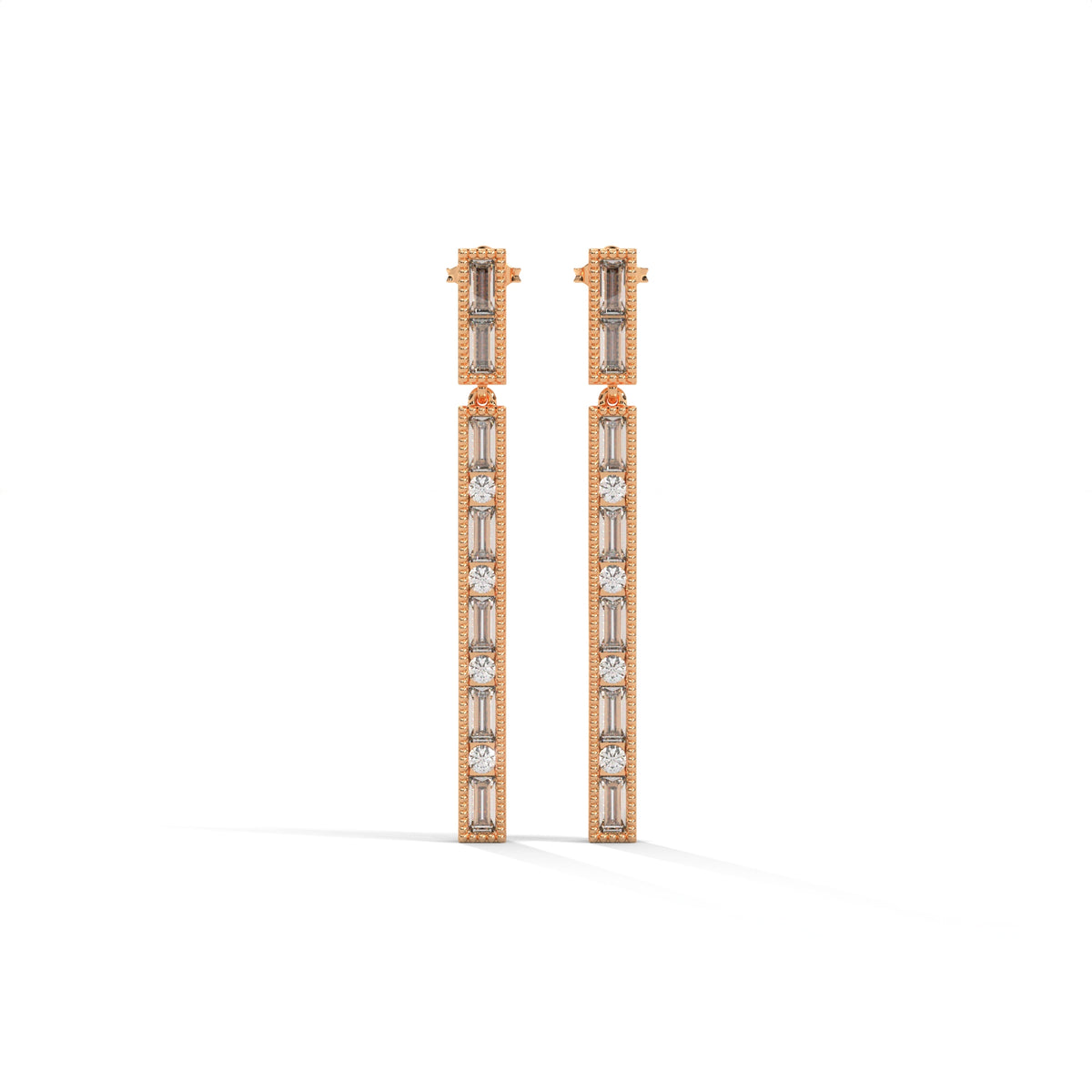 Baguette & Round Diamond Bar Drop Earrings, product photo — Jewelix Atelier