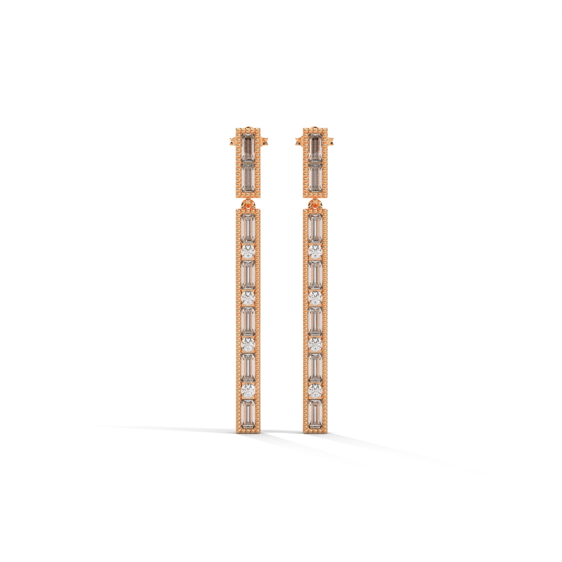 Baguette & Round Diamond Bar Drop Earrings