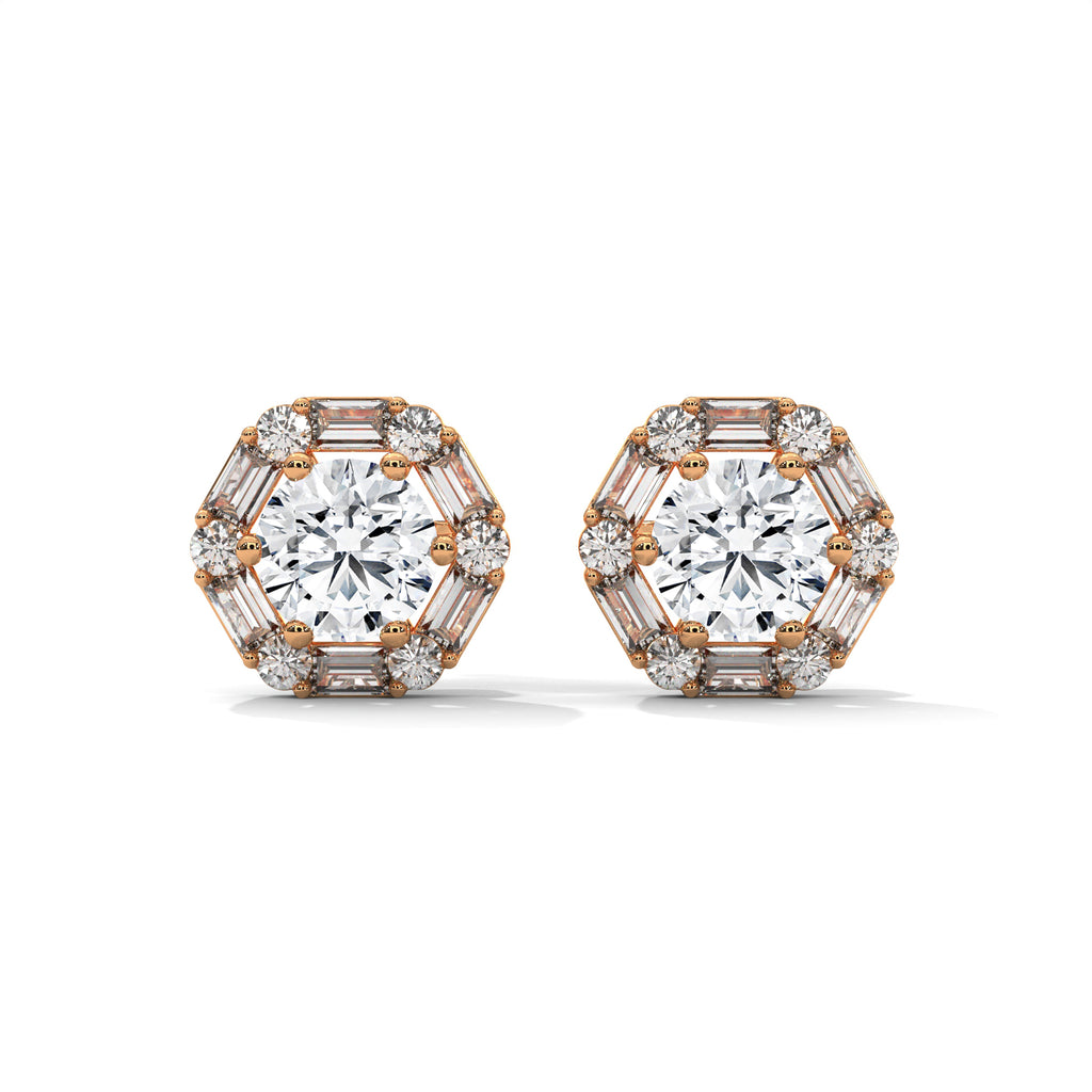 Round & Baguette Diamond Halo Stud Earrings