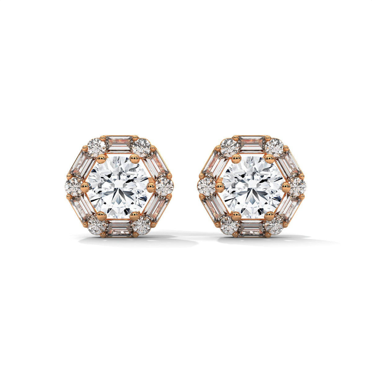 Round & Baguette Diamond Halo Stud Earrings, product photo — Jewelix Atelier