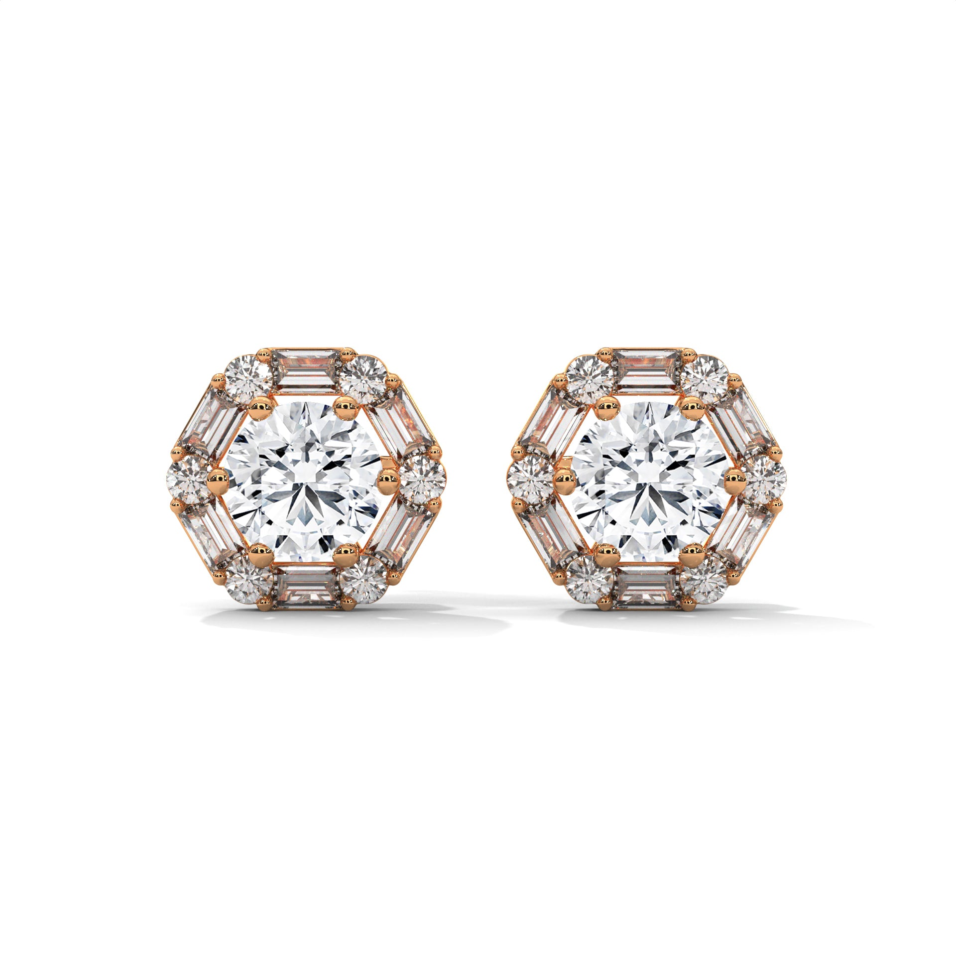 Round & Baguette Diamond Halo Stud Earrings