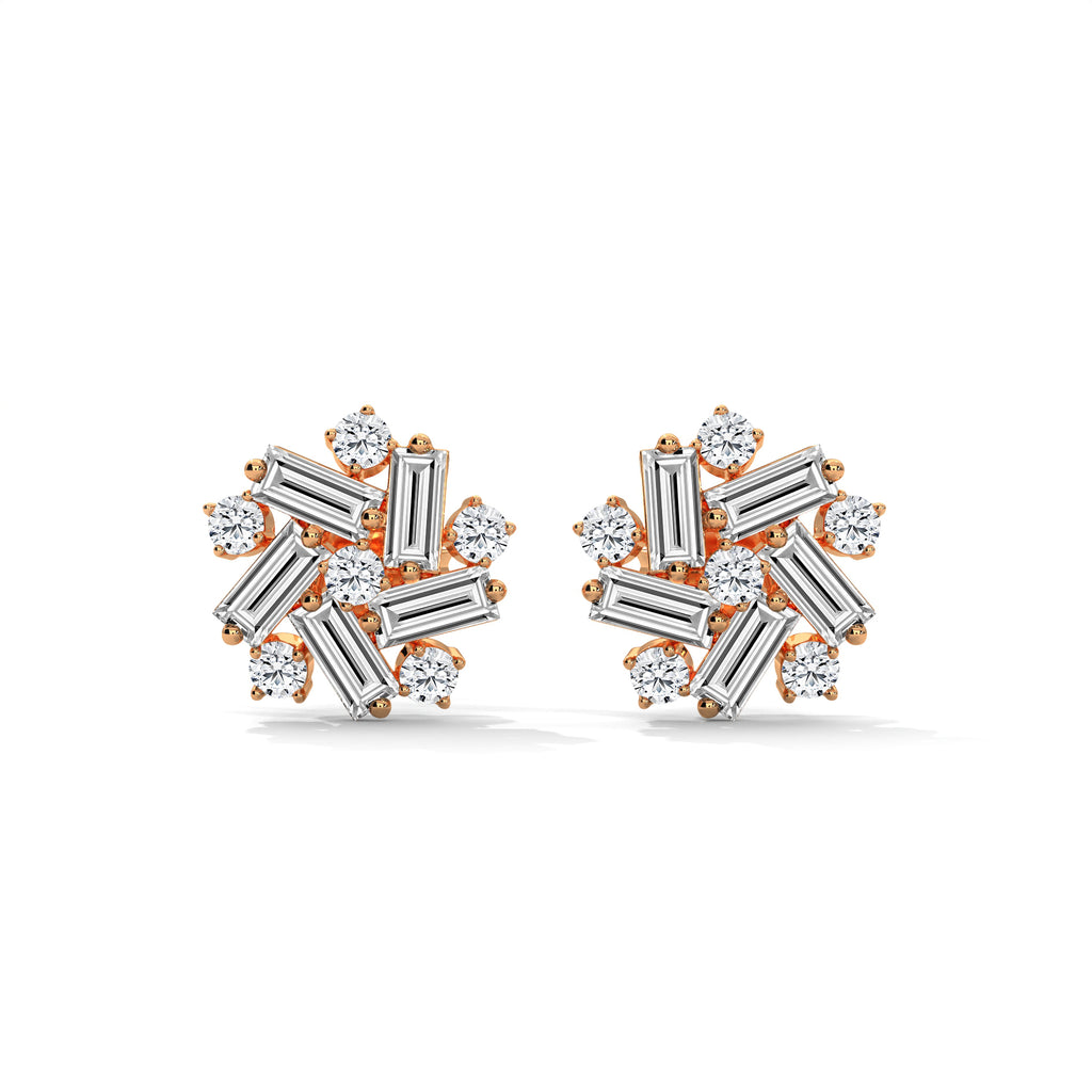 Baguette & Round Diamond Cluster Stud Earrings