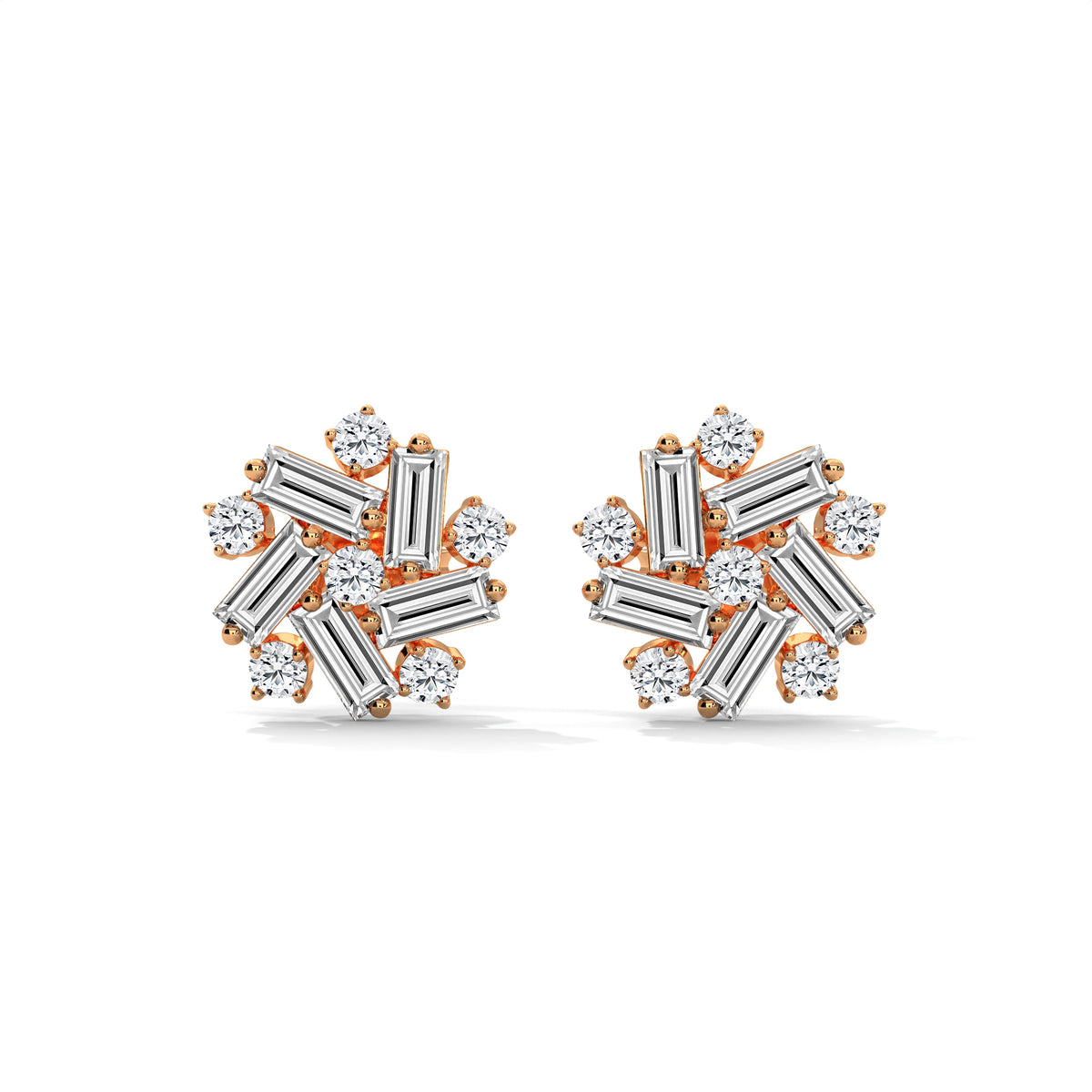 Baguette & Round Diamond Cluster Stud Earrings, product photo — Jewelix Atelier
