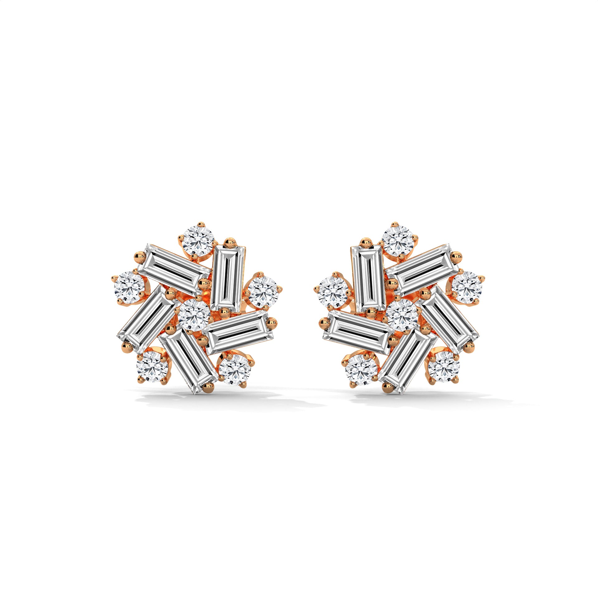 Baguette & Round Diamond Cluster Stud Earrings