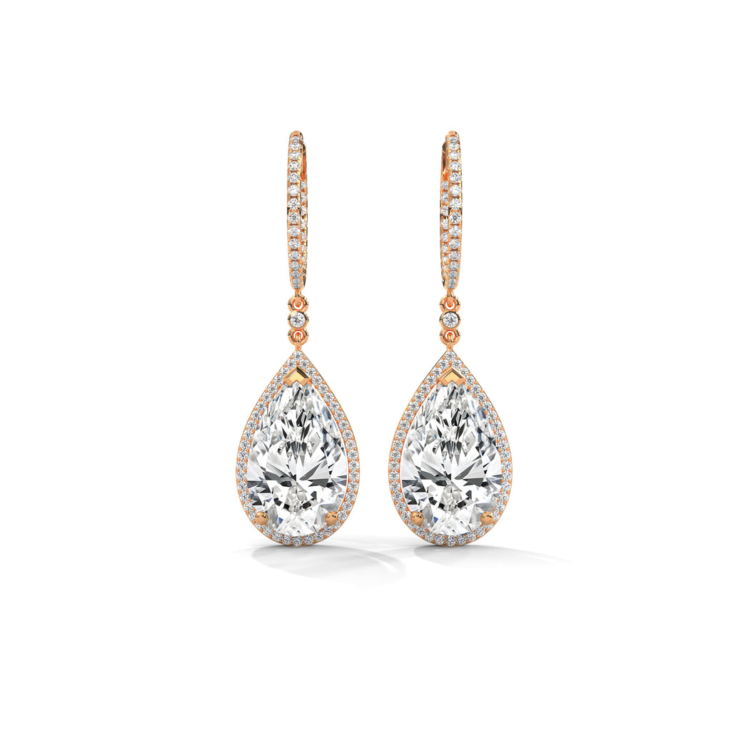 Pear Halo Diamond Drop Hoop Earrings