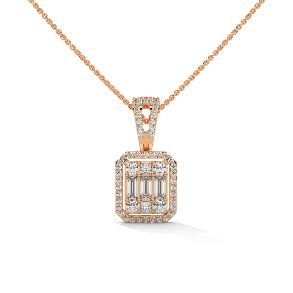 Baguette & Round Diamond Halo Pendant – view 6 of 8, lab grown diamond necklace | Jewelix Atelier