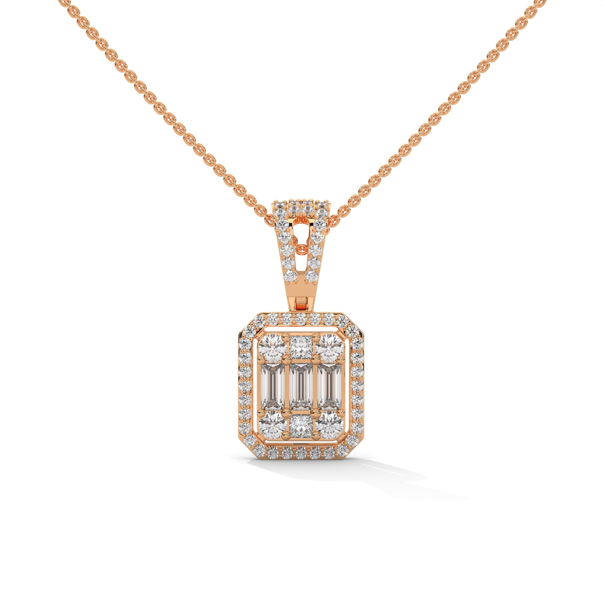 Baguette & Round Diamond Halo Pendant