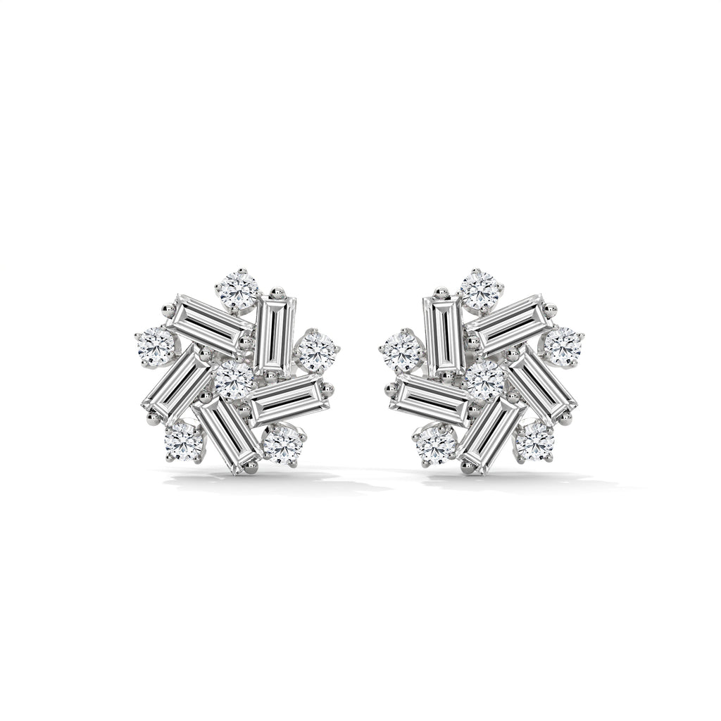 Baguette & Round Diamond Cluster Stud Earrings