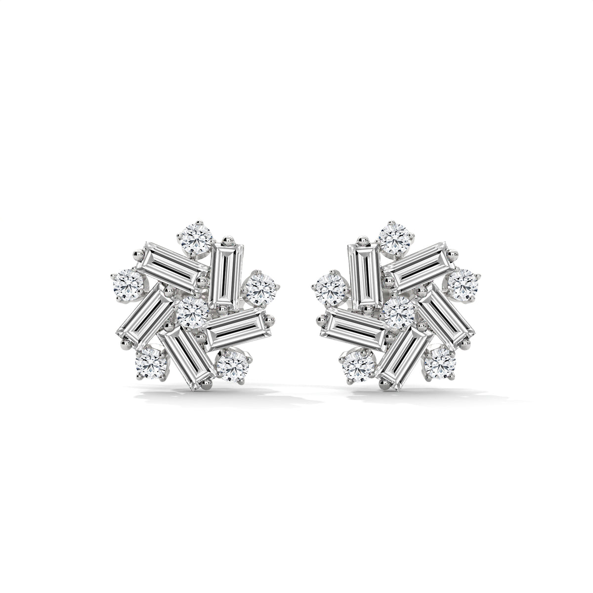 Baguette & Round Diamond Cluster Stud Earrings — Jewelix Atelier