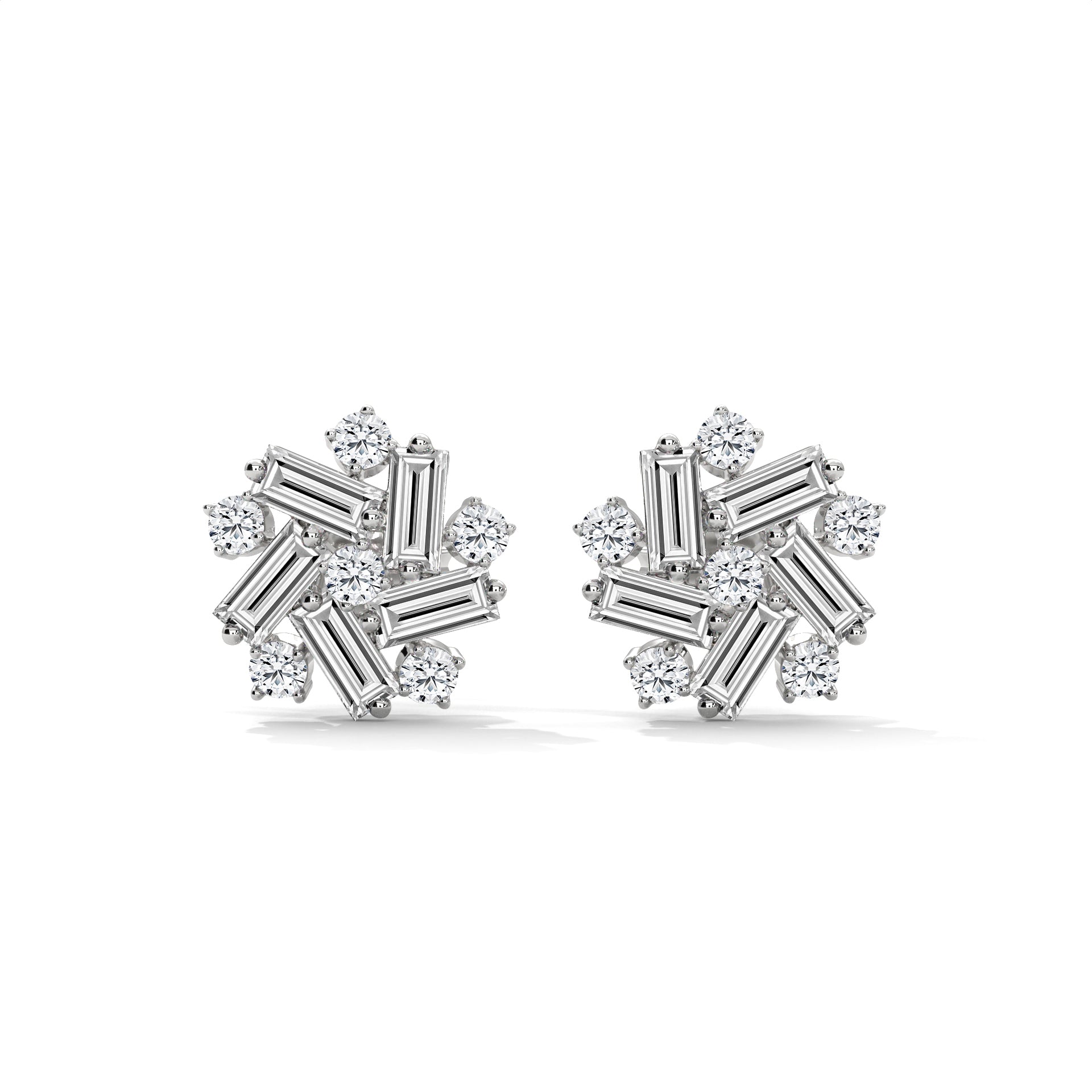 Baguette & Round Diamond Cluster Stud Earrings