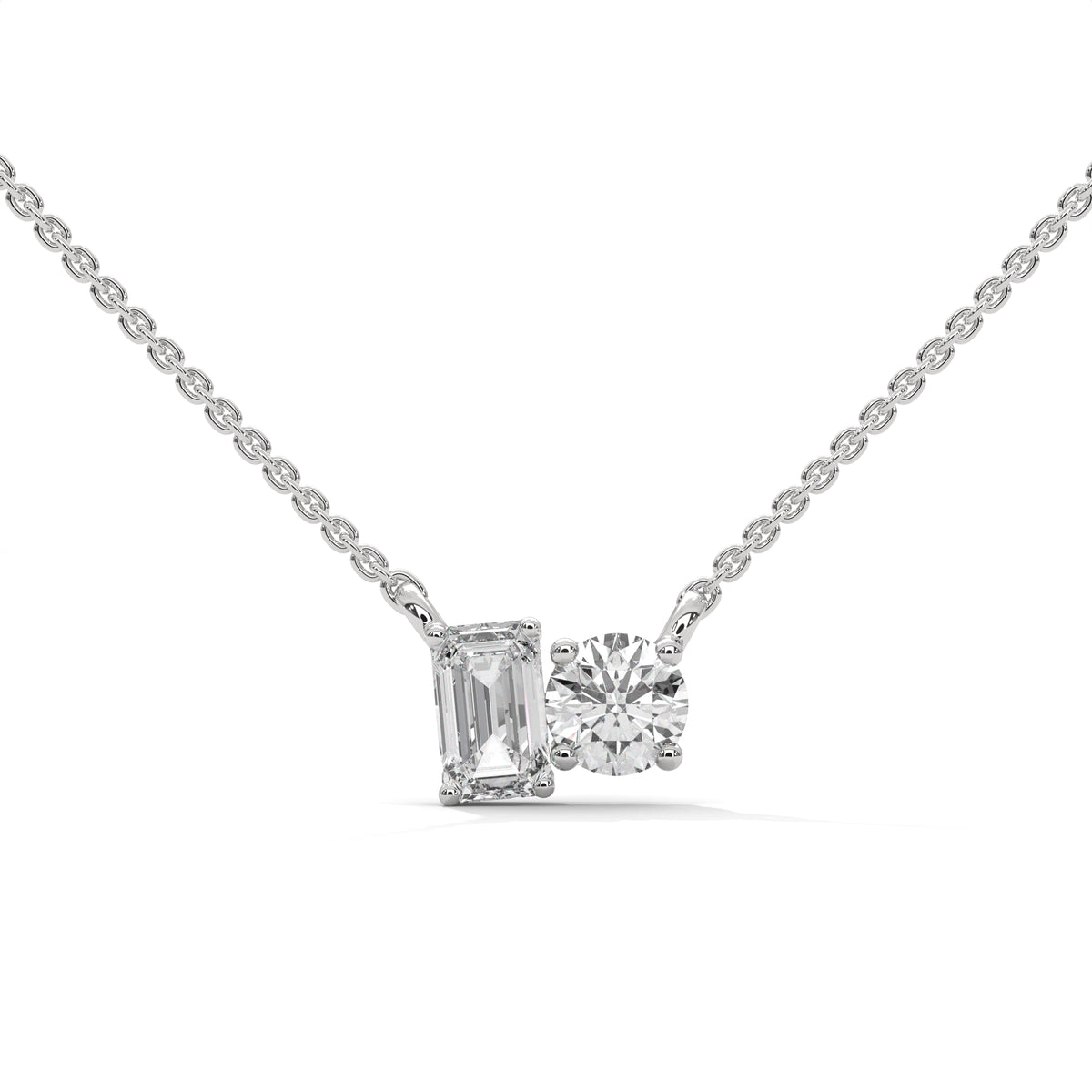 Emerald & Round Diamond Two Stone Pendant – view 1 of 9, lab grown diamond necklace | Jewelix Atelier