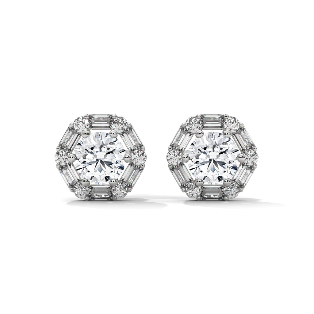 Round & Baguette Diamond Halo Stud Earrings