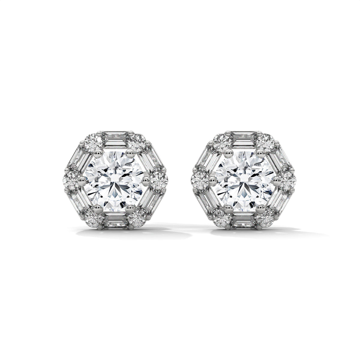 Round & Baguette Diamond Halo Stud Earrings — Jewelix Atelier