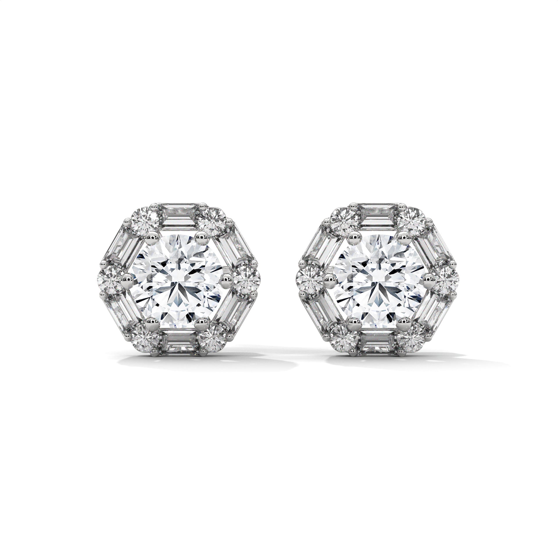 Round & Baguette Diamond Halo Stud Earrings