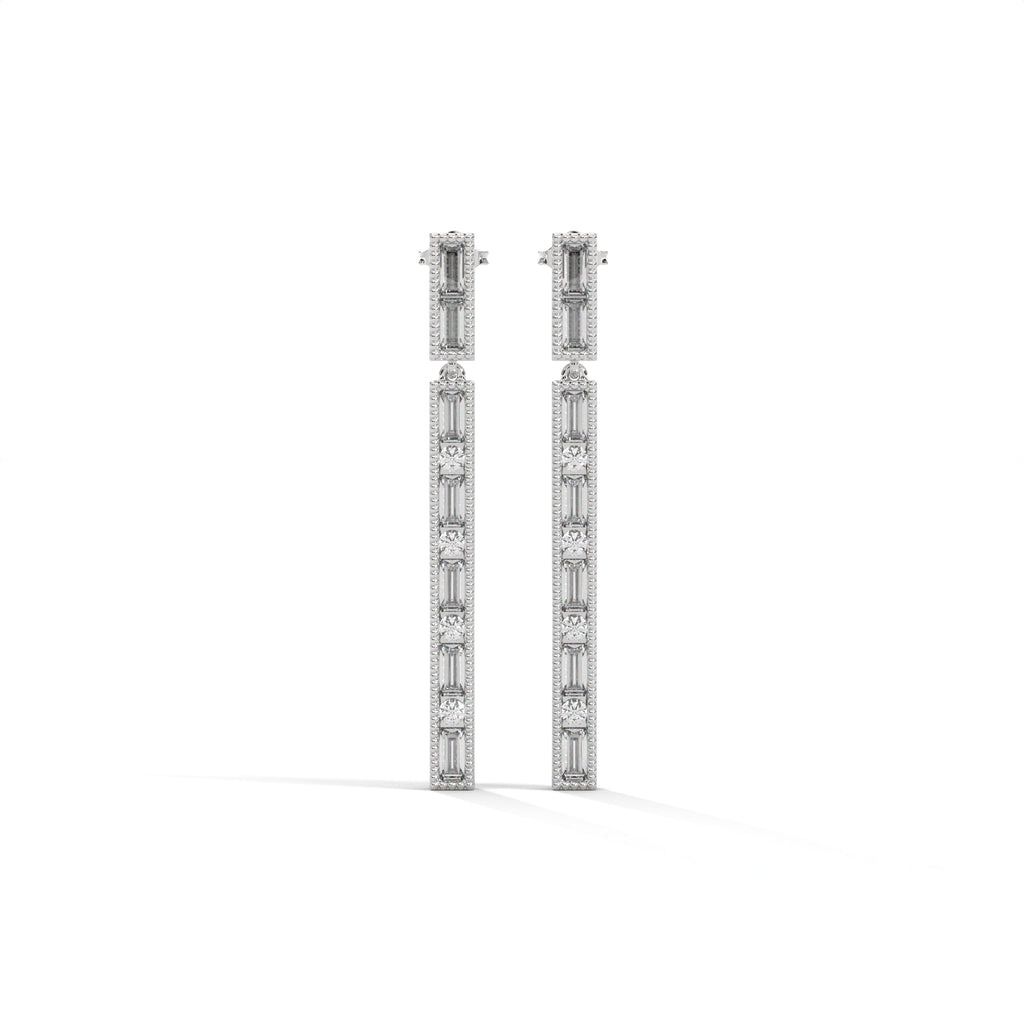Baguette & Round Diamond Bar Drop Earrings