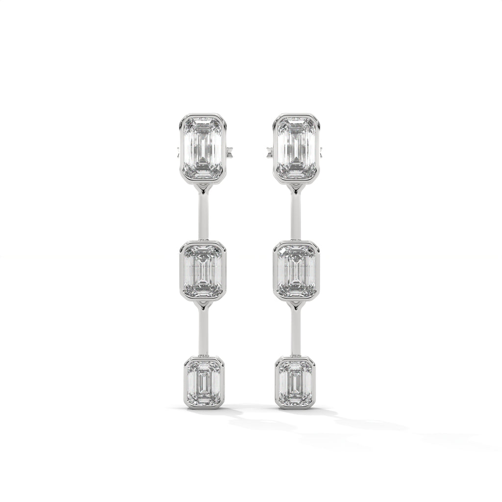 Emerald Cut Three Station Drop Diamond Earrings