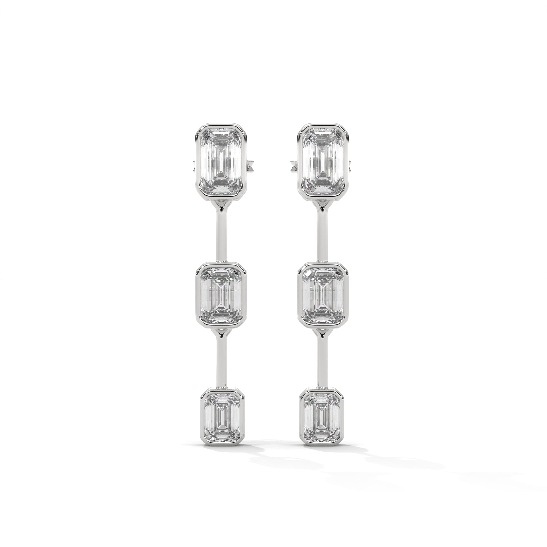 Emerald Cut Three Station Drop Diamond Earrings