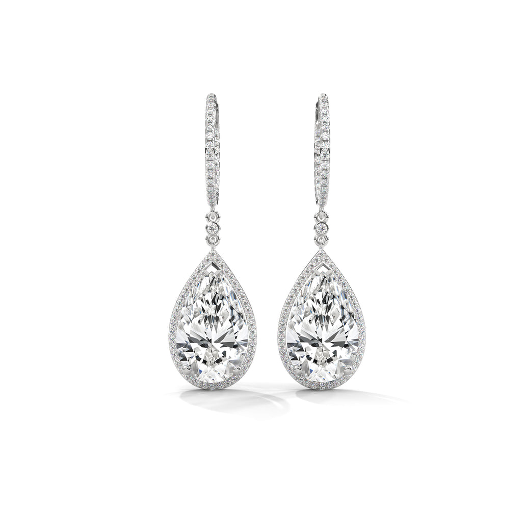 Pear Halo Diamond Drop Hoop Earrings