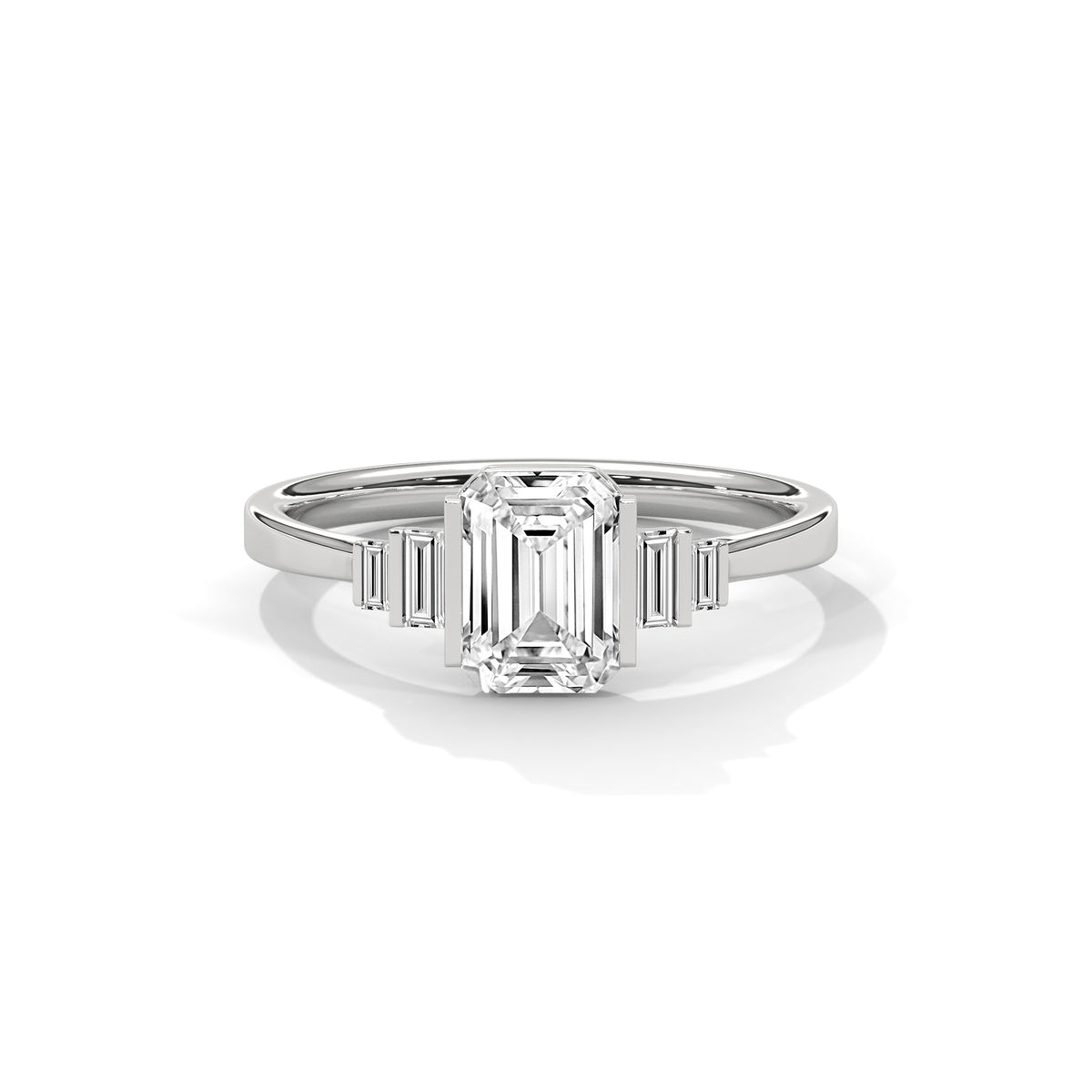 Emerald Cut Three Stone Diamond with Tapered Baguette Side Stones Engagement Ring – Style MJR2605381 — Jewelix Atelier