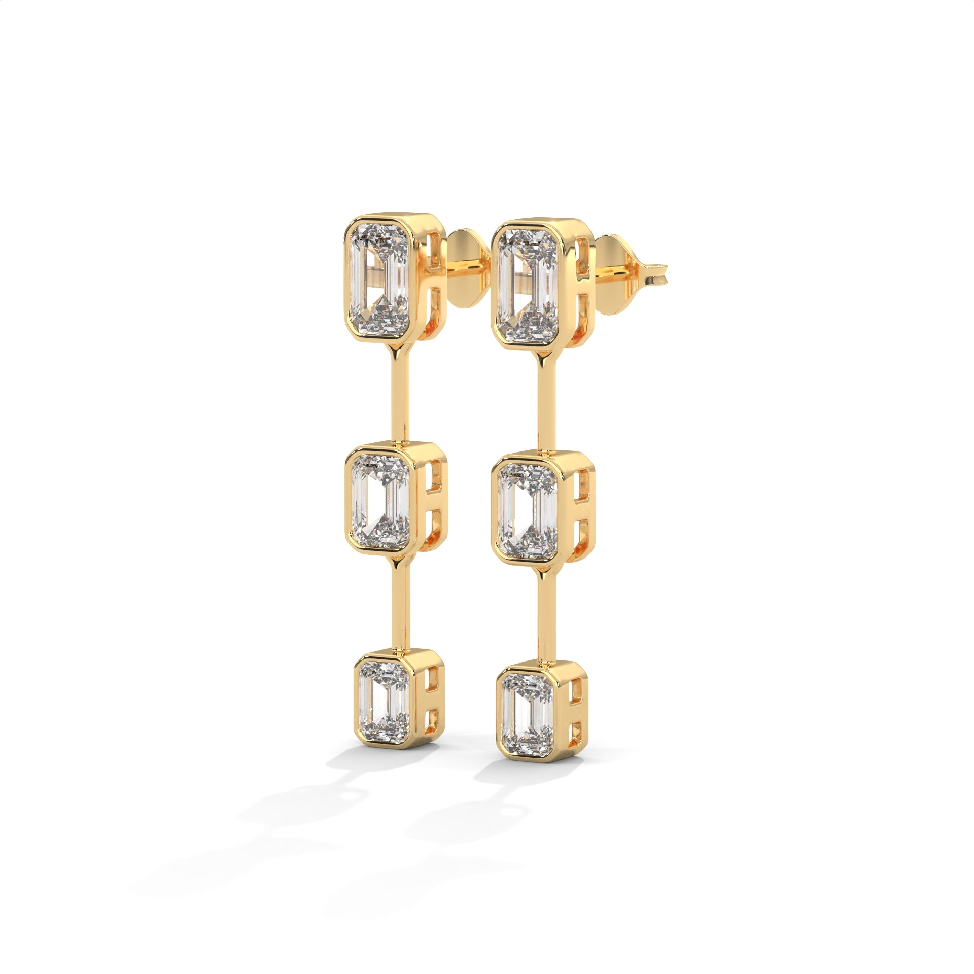 Emerald Cut Three Station Drop Diamond Earrings