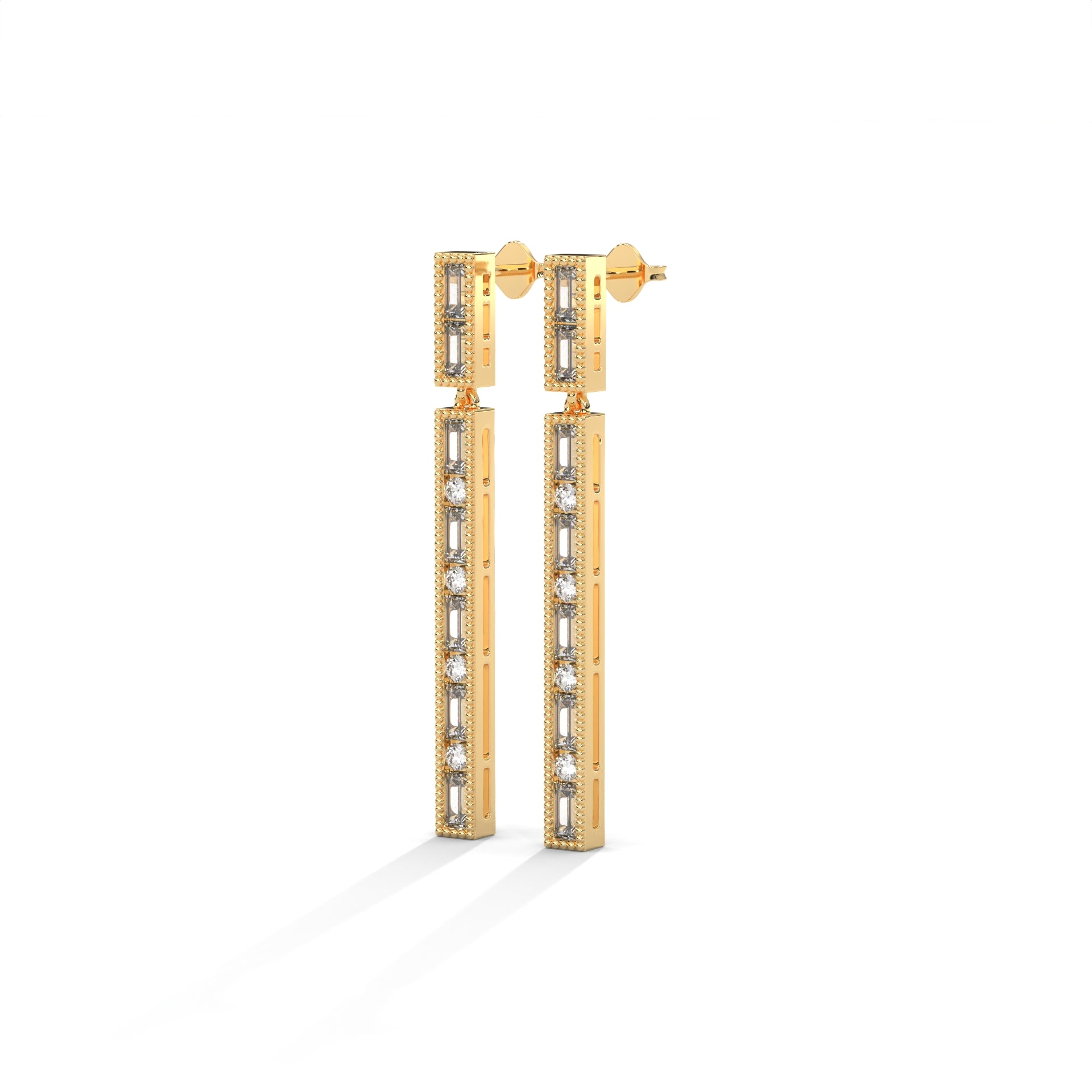 Baguette & Round Diamond Bar Drop Earrings