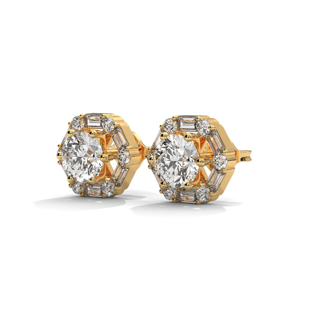 Round & Baguette Diamond Halo Stud Earrings