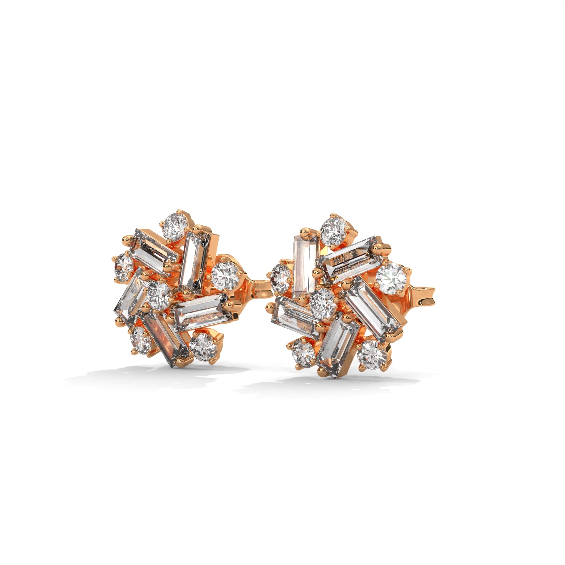 Baguette & Round Diamond Cluster Stud Earrings
