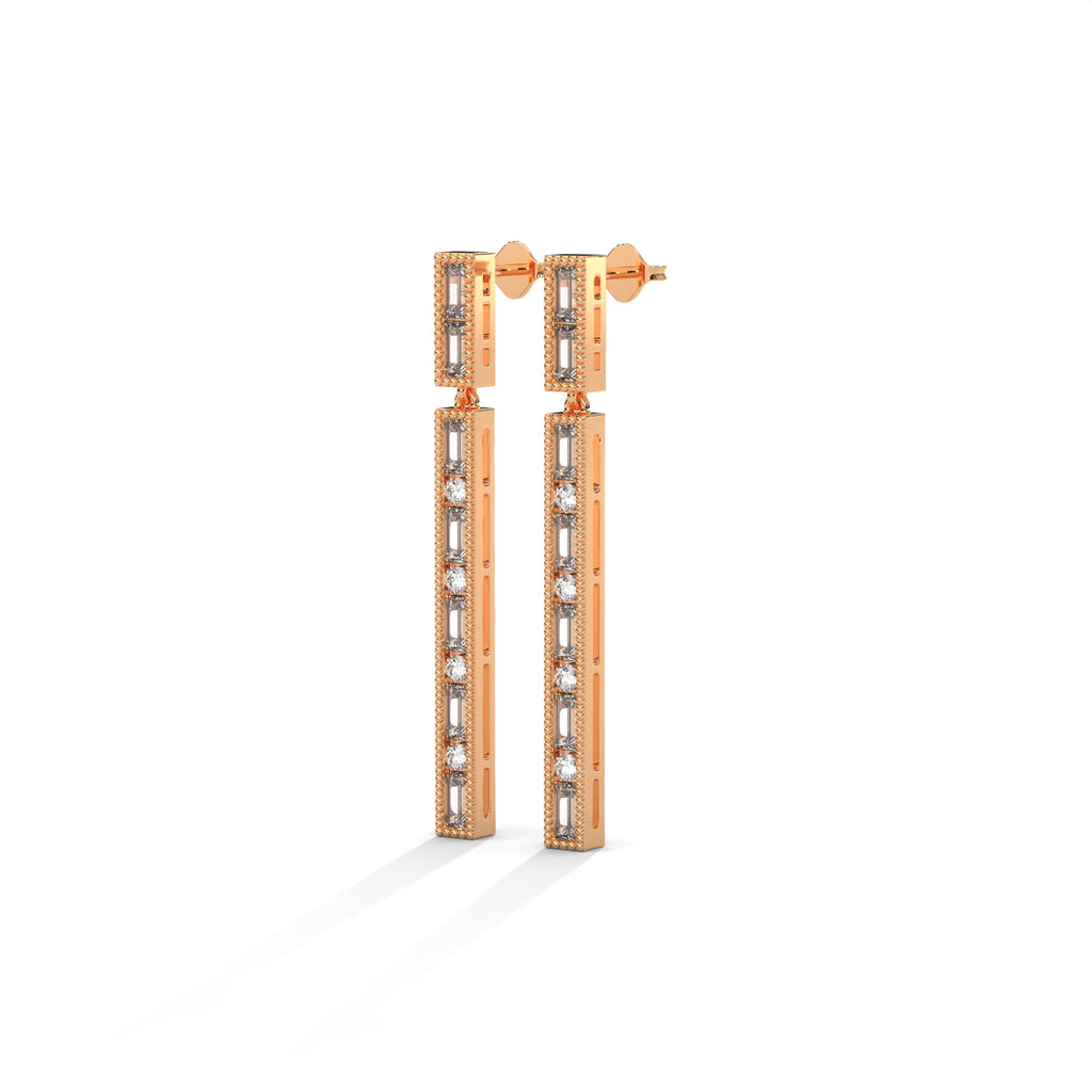 Baguette & Round Diamond Bar Drop Earrings