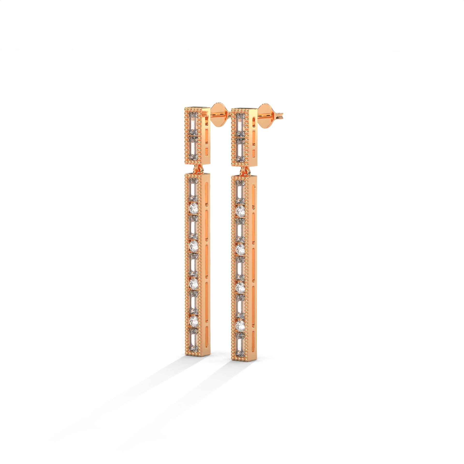Baguette & Round Diamond Bar Drop Earrings