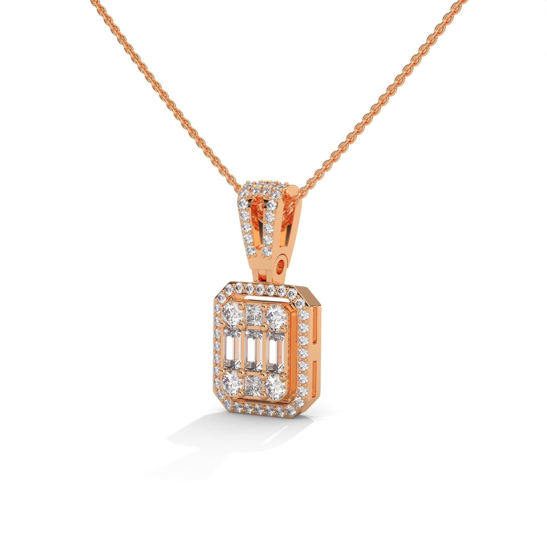 Baguette & Round Diamond Halo Pendant