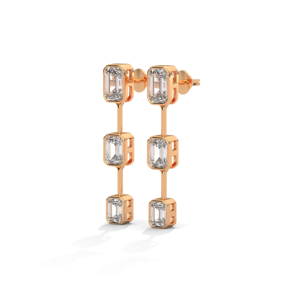 Emerald Cut Three Station Drop Diamond Earrings
