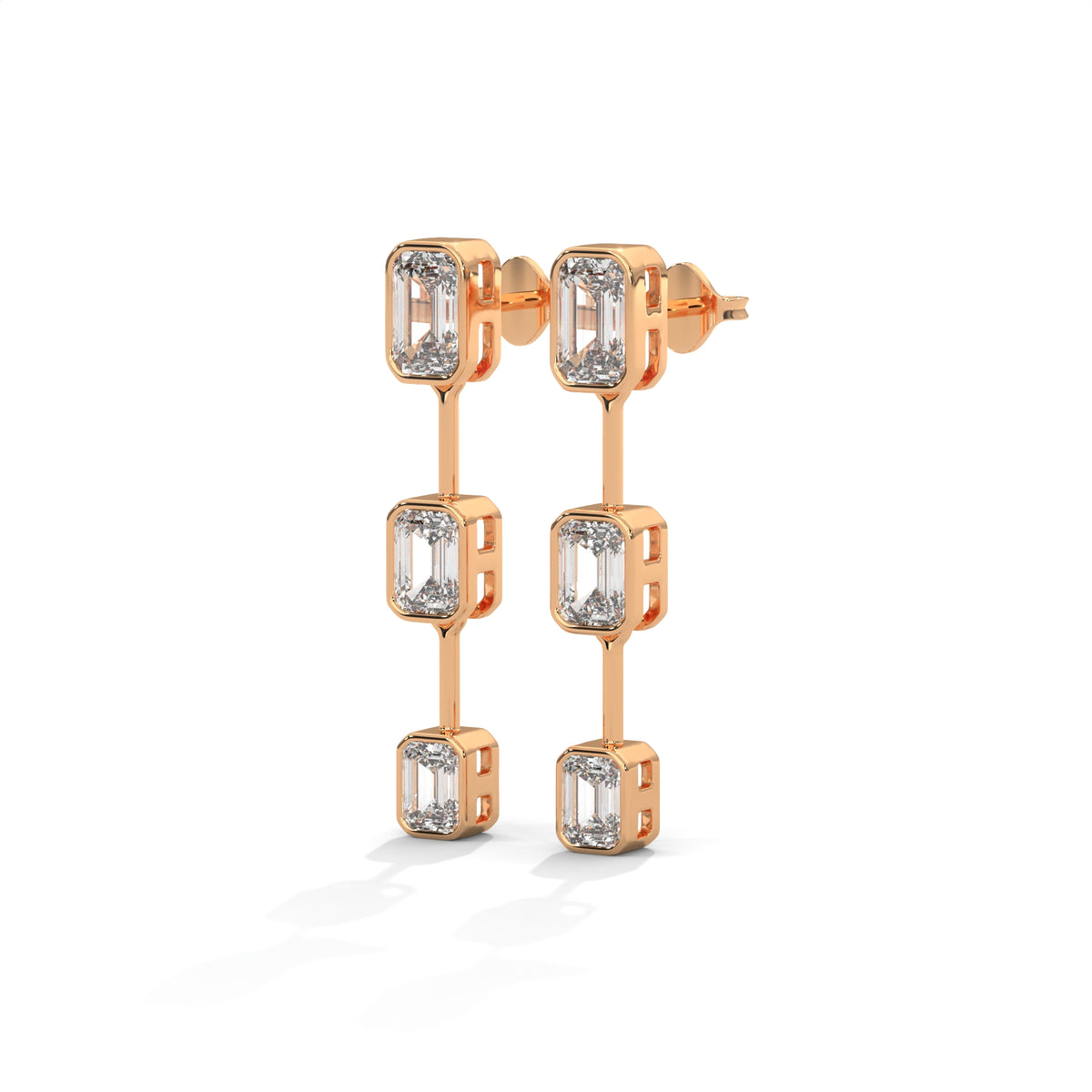 Emerald Cut Three Station Drop Diamond Earrings, gallery image — Jewelix Atelier