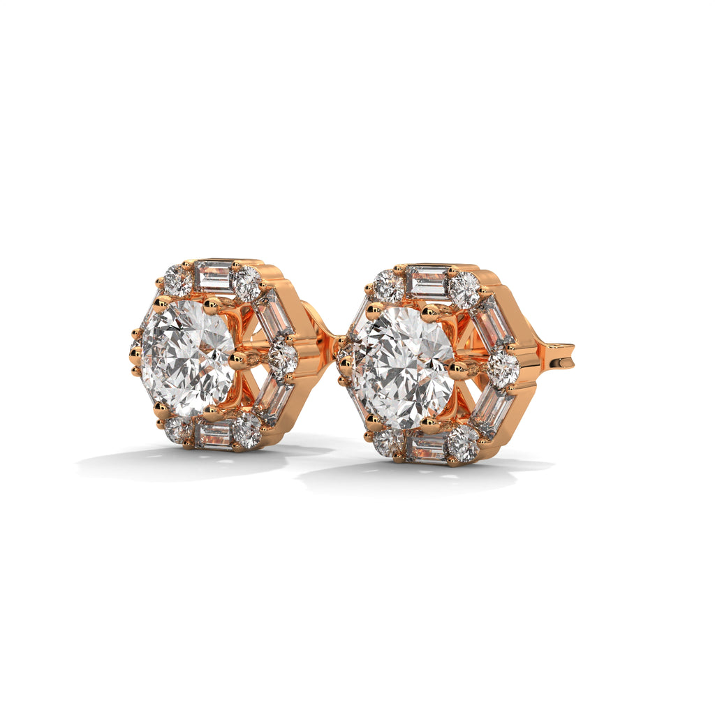 Round & Baguette Diamond Halo Stud Earrings
