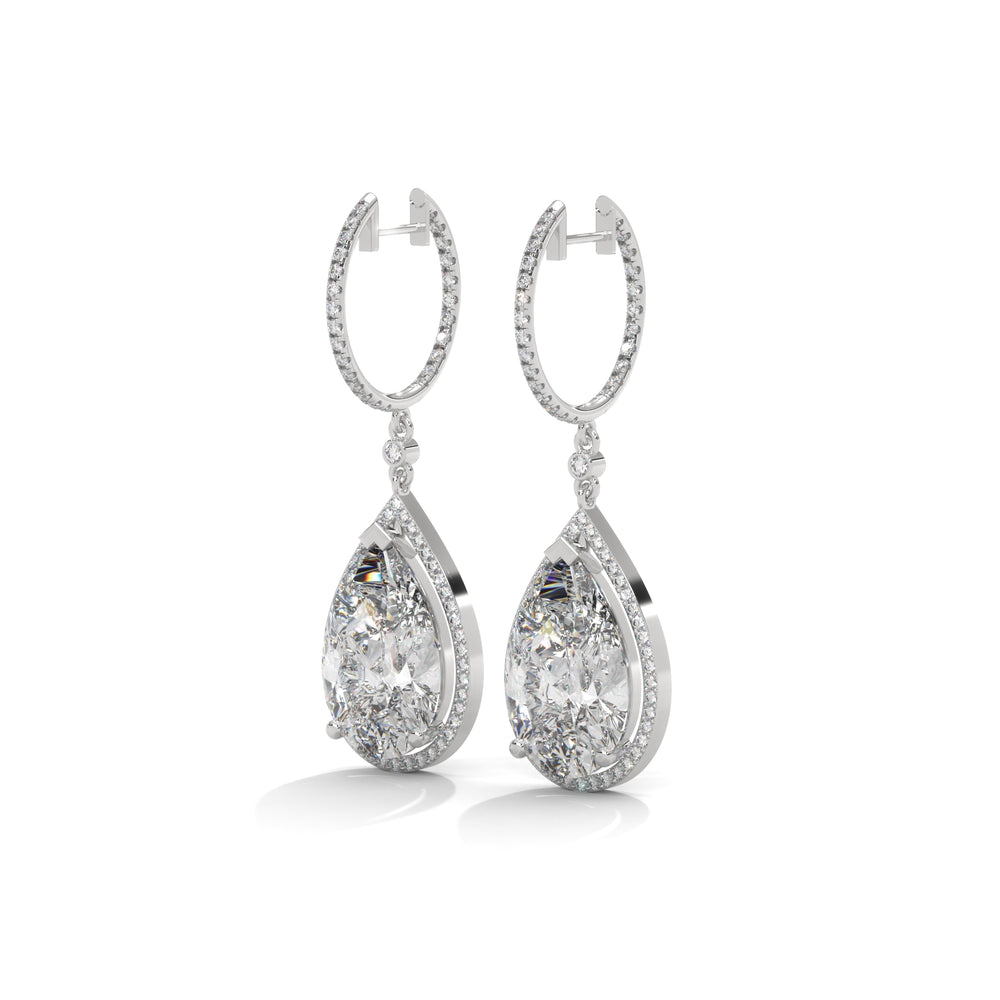 Pear Halo Diamond Drop Hoop Earrings