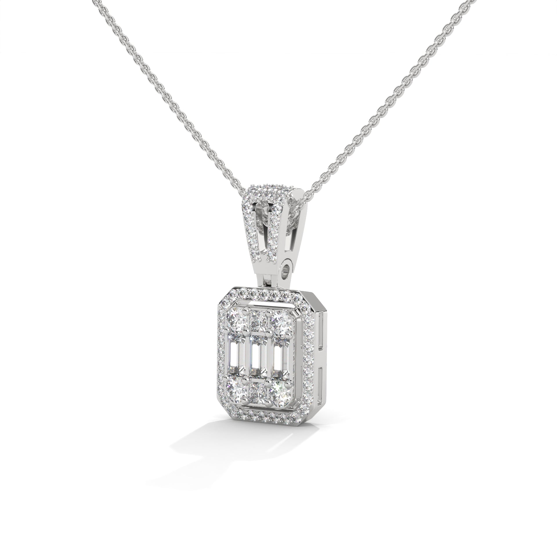 Baguette & Round Diamond Halo Pendant