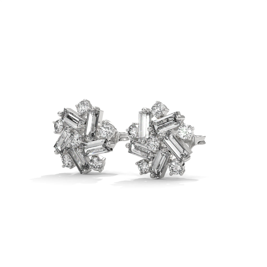Baguette & Round Diamond Cluster Stud Earrings