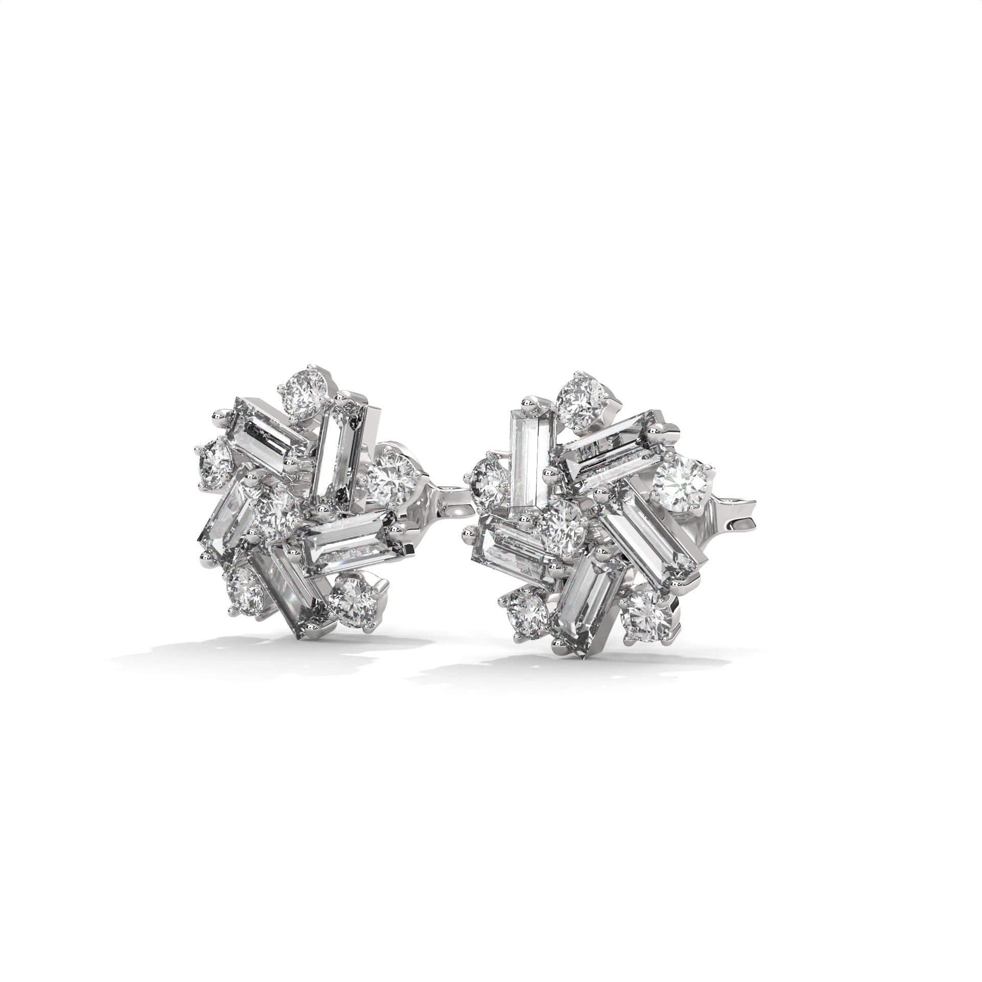 Baguette & Round Diamond Cluster Stud Earrings